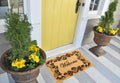 Beautiful welcome peach color coir doormat with flower border Placed outside door with green leaves