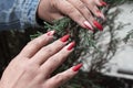 Female manicure with beautiful bright red polish on long nails Royalty Free Stock Photo