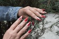 Female manicure with beautiful bright red polish on long nails Royalty Free Stock Photo