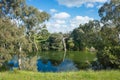 Beautiful Werribee river view with native gum tree Eucalyptus along the riverbank. Australian nature landscape of a waterway