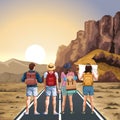 Beautiful Western landscape with travelers standing