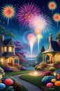 A beautiful whimsical garden with fireworks, in a starry night, new year's party, new life begins, flowers Royalty Free Stock Photo