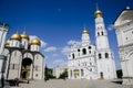 The beautiful white architecture of Ivan the Great bell tower and Orthodox Cathedral Uspenskiy, Moscow Kremlin, Russia