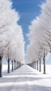 A white avenue trees going into white avenue in the distance white sky Generative AI Royalty Free Stock Photo