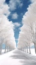 A white avenue trees going into white avenue in the distance white sky Generative AI Royalty Free Stock Photo