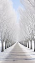 A white avenue trees going into white avenue in the distance white sky Generative AI Royalty Free Stock Photo