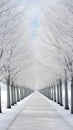 A white avenue trees going into white avenue in the distance white sky Generative AI Royalty Free Stock Photo