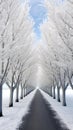 A white avenue trees going into white avenue in the distance white sky Generative AI Royalty Free Stock Photo