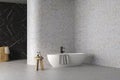 Beautiful white bathtub with black faucet standing on tiles in bathroom. 3d Rendering Royalty Free Stock Photo