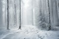 Beautiful white birch forest covered with snow in soft misty winter daylight