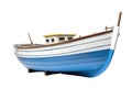 Beautiful white and blue painted wooden boat isolated on a cutout PNG transparent background. Generative AI Royalty Free Stock Photo