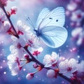 Beautiful white butterfly in flight and flowers with soft focus Branch blossoming cherry in spring on blue Royalty Free Stock Photo