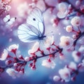 Beautiful white butterfly in flight and flowers with soft focus Branch blossoming cherry in spring on blue Royalty Free Stock Photo