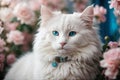 Beautiful white cat face with blue eyes in flowers background Royalty Free Stock Photo