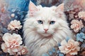 Beautiful white cat face with blue eyes in flowers background Royalty Free Stock Photo