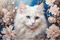 Beautiful white cat face with blue eyes in flowers background