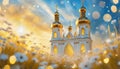 Beautiful white church with golden domes against a background of blue sky with magical golden light of the sun in a flower valley Royalty Free Stock Photo
