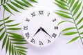 Beautiful white clock with leaves of tropical palm. The concept of time. holiday decoration images