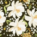 Beautiful white cosmos flowers and green leaves on black background. Seamless floral pattern. Summer design. Print for fabric Royalty Free Stock Photo