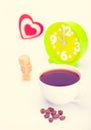 Beautiful white cup, coffee, hearts with an alarm clock on a white background.Toned in warm colors