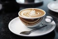 A beautiful white cup of delicious coffee on a saucer, food and beverage photography. Generative AI