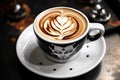 A beautiful white cup of delicious coffee on a saucer, food and beverage photography. Generative AI