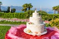 Beautiful white wedding cake outdoor Royalty Free Stock Photo