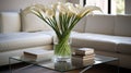 beautiful white flowers with glassy vase generated by AI tool