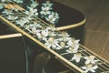 Beautiful white flowers on the guitar. Guitar with flowers on strings Royalty Free Stock Photo