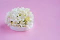 Beautiful white flowers on a pastel pink background. Women`s Day, Mother`s Day, Valentine`s Day, Wedding, Easter. Side view, co