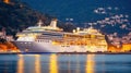 Beautiful white giant luxury cruise ship on stay at harbor, Generative AI