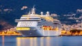 Beautiful white giant luxury cruise ship on stay at harbor, Generative AI