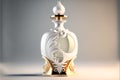 A beautiful white-gold perfume bottle with a floral pattern on a light background.