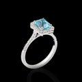 Beautiful white gold ring with diamonds and aquamarine on a black background Royalty Free Stock Photo