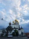 Beautiful white green Church with Golden domes 