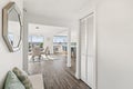 Beautiful white hallway interior with grey hardwood floors