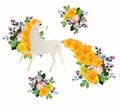 Beautiful white horse with mane and tail in shape of bouquets of garden flowers. Romantic print