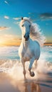 Beautiful white horse running in the beach during sunset Royalty Free Stock Photo