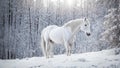 Beautiful white horse in a snowy park outdoors look December animal mammal elegance