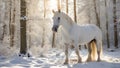 Beautiful white horse in a snowy park outdoors winter