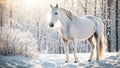 Beautiful white horse in a snowy park outdoors winter December animal mammal