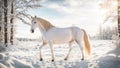 Beautiful white horse in a snowy park outdoors winter December animal mammal elegance