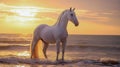 beautiful white horse standing on the beach at sunset