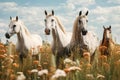 Beautiful white horses in the field. Portrait of horses, Herd of horses standing on a floral meadow, AI Generated Royalty Free Stock Photo