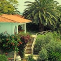 Beautiful white house in the mediterranean garden(Greece). Royalty Free Stock Photo