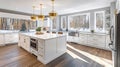 Beautiful white kitchen in new luxury home. Generative Ai Royalty Free Stock Photo