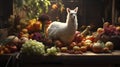 Beautiful white lama rest over a table of cornucopia of fruit and vegetables Royalty Free Stock Photo
