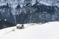 Beautiful white landscape, high mountains Swiss Alps, wide alpine winter road cleared, large snowdrifts on the side, Healthy