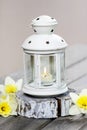 Beautiful white lantern with burning candle Royalty Free Stock Photo