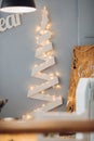 Beautiful white letters Happy New Year at blue wall in modern decoration studio